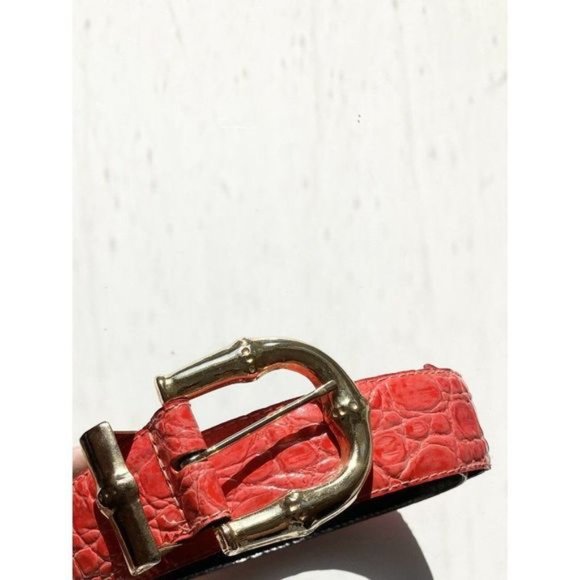 Vintage 80\'s OMEGA Red Croc Embossed Patent Leather Gold Bamboo Belt, Size M main image 4